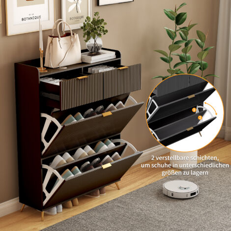 Meuble à chaussures 2 tiroirs et 2 portes abattantes, meuble d’entrée rainuré avec pieds en métal, rangement chaussures gain de place pour entrée, couloir, salon et chambre – Noir