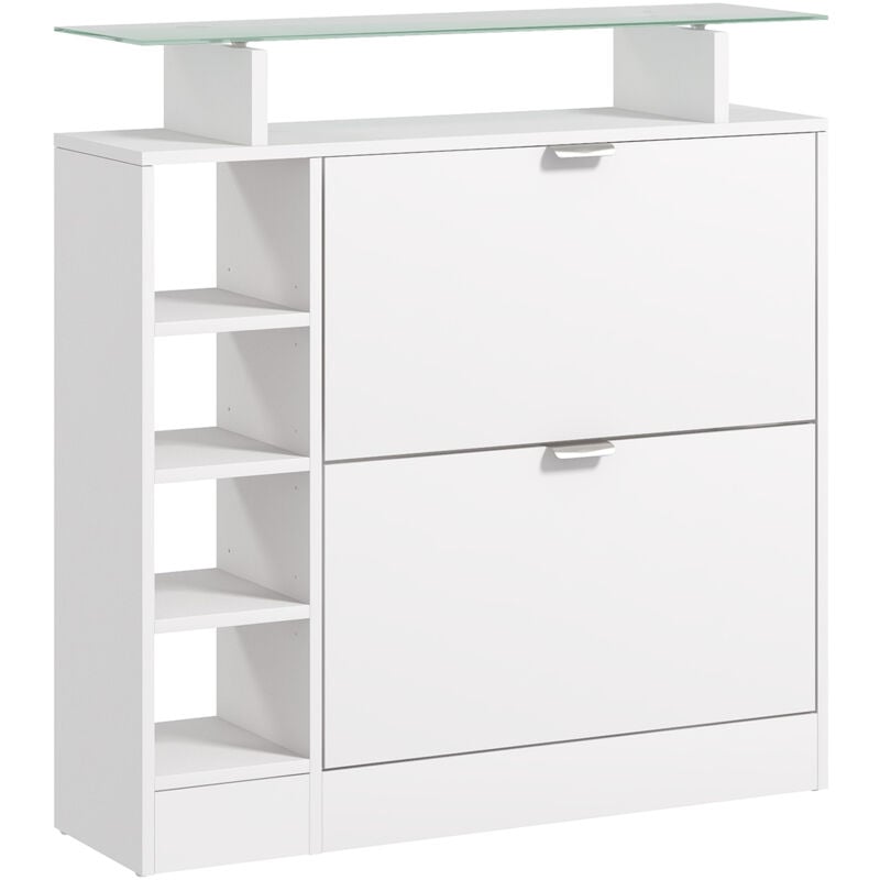 Homcom - Meuble à chaussures 2 tiroirs rabattables plateau verre étagères réglables blanc