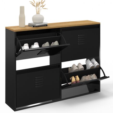Meuble à chaussures 20 paires ESTER 4 portes métal noir et plateau bois design industriel