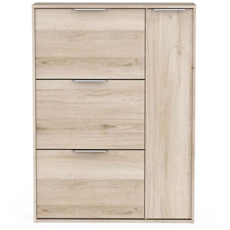 Meuble à chaussures 3 abattants 1 porte couleur chêne - Largeur 90,7 x Profondeur 26,1 x Hauteur 122,9 cm