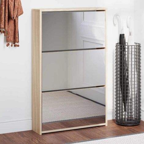 Meuble à chaussures 3 étagères  Armoire à Chaussures  Etagère de Rangement Miroir 63 x 17 x 102,5 cm Chêne DNBD80845