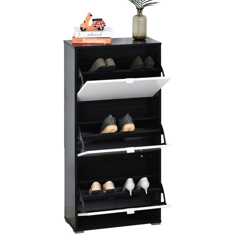 Homcom - Meuble à chaussures 3 portes abattantes 3 compartiments mdf noir blanc laqué