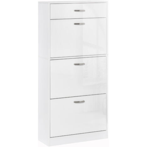 Meuble à Chaussures - 3 Portes abattantes et tiroir Coulissant - dim. 62L x 24l x 135H cm - poignées alu. Panneaux Particules Blanc