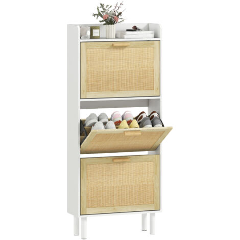 Meuble à chaussures 3 portes abattants étagère effet résine tressée design bohème 65 x 24.5 x 153 cm blanc