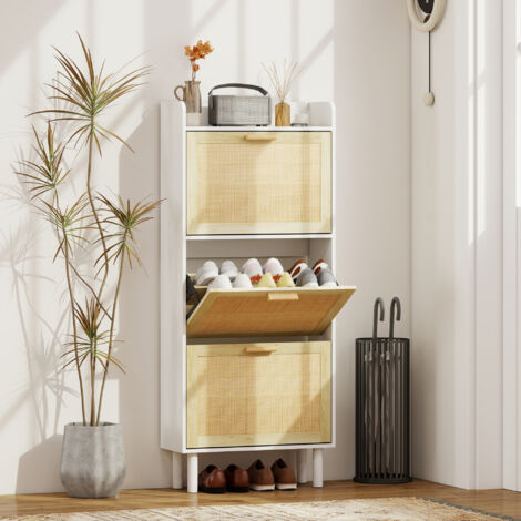 Meuble à chaussures 3 portes abattants étagère effet résine tressée design bohème 65 x 24.5 x 153 cm blanc