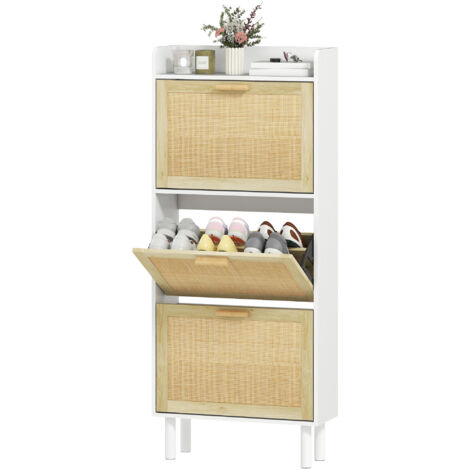 Meuble à chaussures 3 portes abattants étagère résine tressée design bohème blanc 65x24,5x153 cm