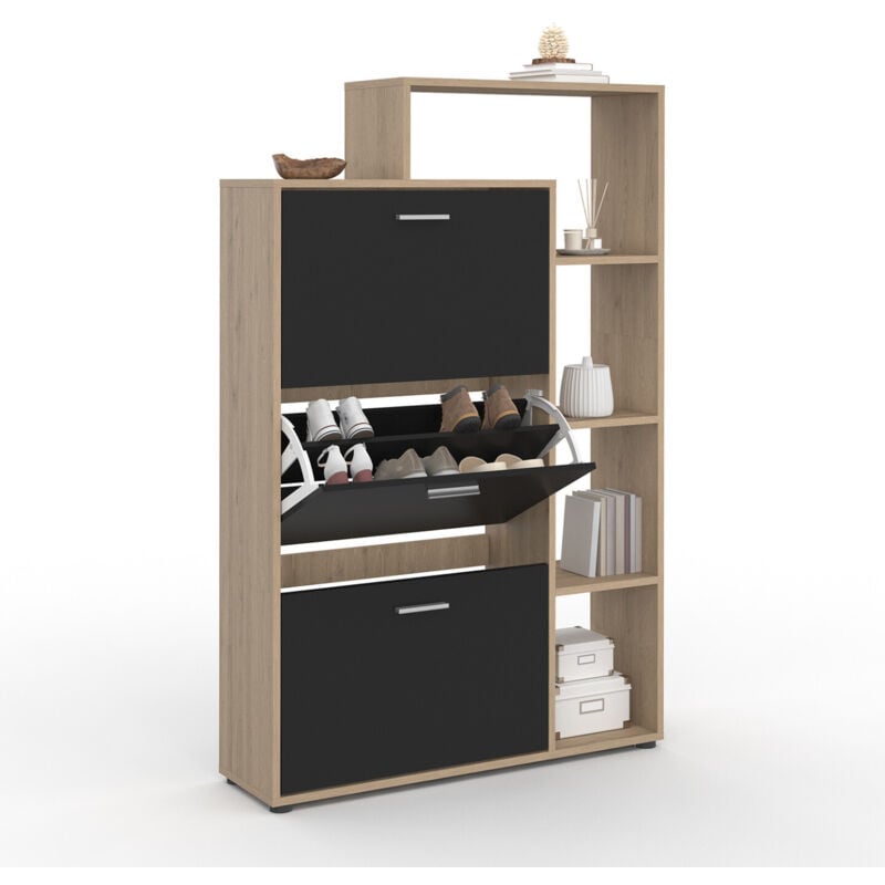 Meuble à chaussures 18 paires klark imitation hêtre 3 portes noires avec étagère