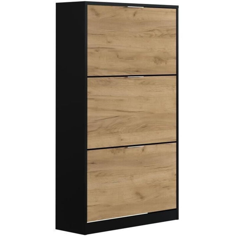 Meuble a chaussure 3 portes - Décor chene et noir - 75x25x128 cm - Leona