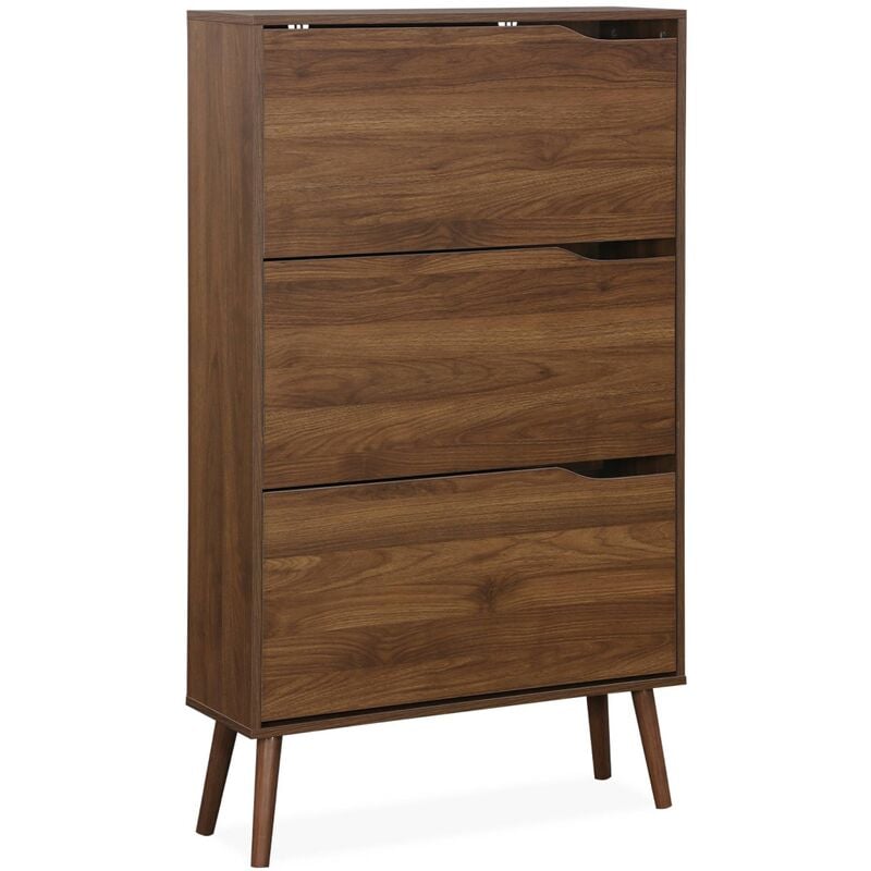 Meuble à chaussures scandinave décor noyer 3 portes abattantes capacité 18 paires de chaussures