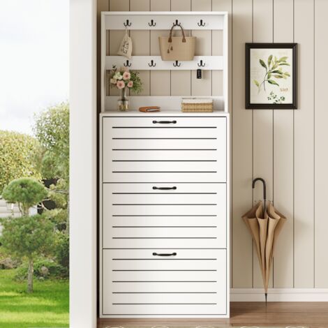Meuble à chaussures 3 portes, étagère à chaussures, meuble à chaussures avec crochets, rangement pour chapeaux, sacs, offre de la place pour 15 paires de chaussures, Blanc