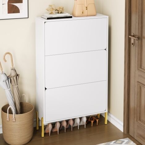 Meuble à chaussures 3 portes rabattables blanc 73x24x120 cm – Pieds dorés, gain de place pour entrée