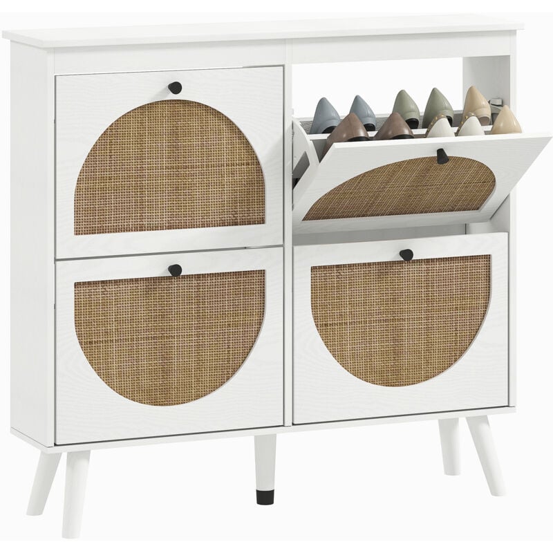 Meuble à chaussures 4 portes abattantes style bohème - façades motif semi-circulaire rotin - pieds bois aspect bois blanc