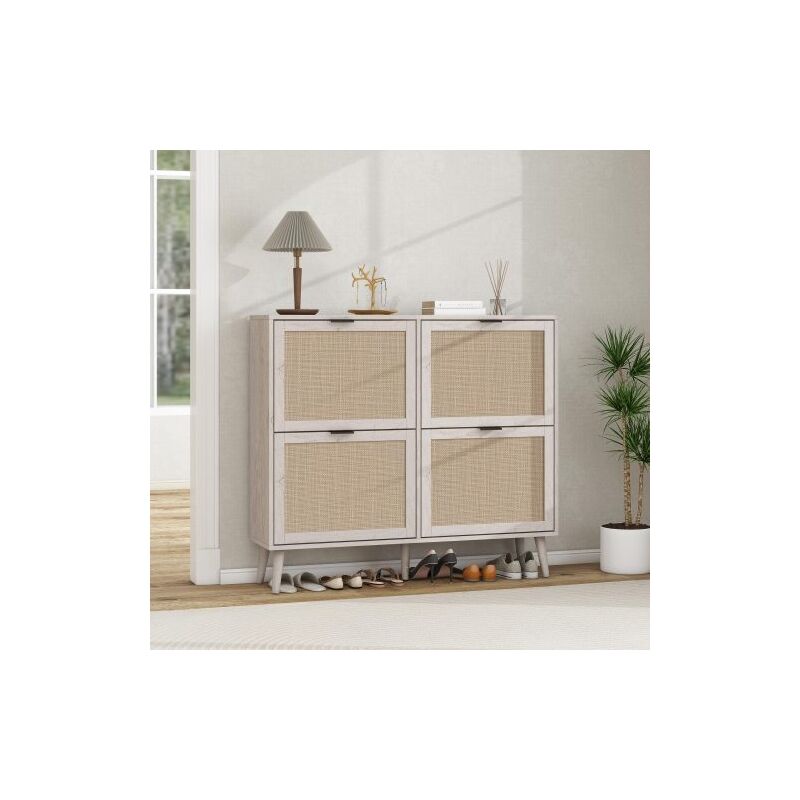 Lunsy - Meuble à chaussures 4 portes abattants,105L x 24L x 90H cm aspect bois effet cannage rotin