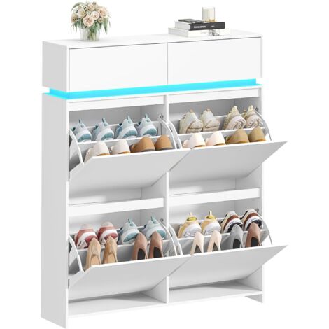 Meuble à Chaussures 4 Portes, Armoire à Chaussures Étroit avec LED, Étagère à Chaussures, Séparateurs Réglables, 20 Paires, pour Entrée, Couloir, Blanc