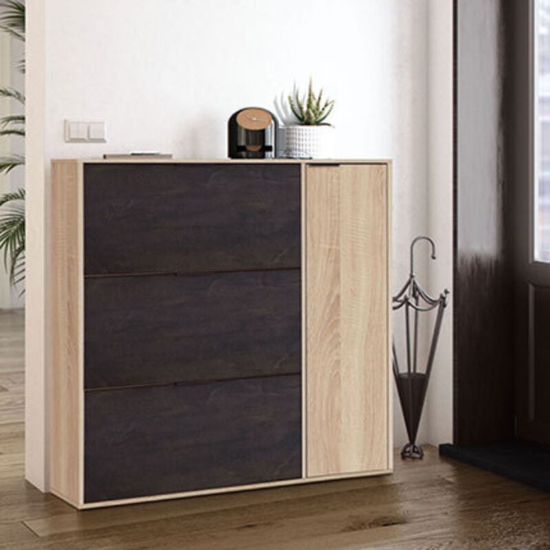 Forex - Meuble à chaussures à trois abattants et une porte, coloris noir et chêne, capacité 30 paires de chaussures, 106 x 115 x 22 cm
