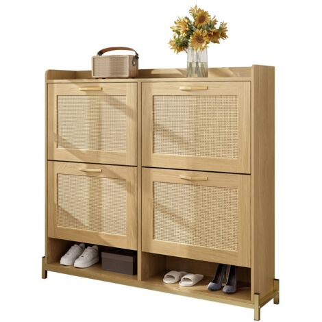 Meuble à chaussures 4 portes en rotin-Étagère supérieure-Cadre métal élégant-108,50 x 24 x 100cm