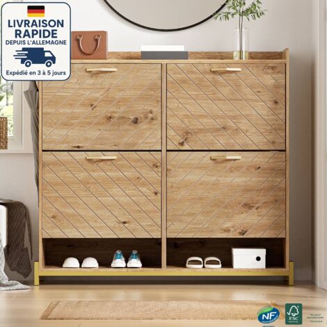 Meuble à chaussures 4 portes - Meuble à chaussures avec 4 tiroirs rabattables -  Économisez de l'espace - Bois Certifié PEFC - 108,5 x 24 x 100 cm - scandinave