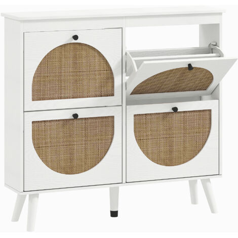 Meuble à chaussures 4 portes rotin VALERIA aspect bois blanc
