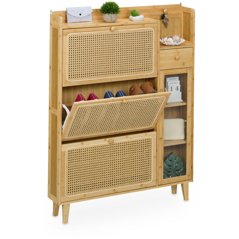 Meuble à chaussures, 1 tiroir, 3 abattants, mélange de matériaux, h x l x p : 127 x 95 x 19 cm, nature - Relaxdays