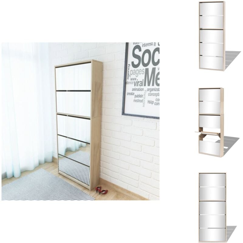 Meuble à chaussures 5 étagères et miroir 63x17x169,5 cm Chêne - Meubles à Chaussures - Rangements Chaussures - Meubles Entrée - Organisateur