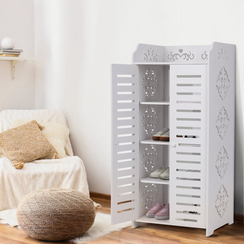 Yoleo - Meuble à Chaussures 5 Étagères,Armoire à chaussures d'entrée 2 portes,Conception de motif découpé,40x31x90cm,Blanc