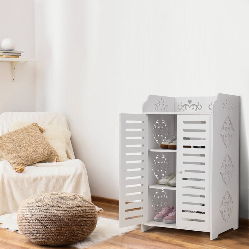 Yoleo - Meuble à Chaussures 4 Étagères,Armoire à chaussures d'entrée 2 portes,Conception de motif découpé,40x31x71cm,Blanc