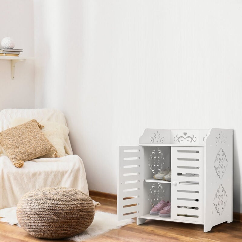 Yoleo - Meuble à Chaussures 3 Étagères,Armoire à chaussures d'entrée 2 portes,Conception de motif découpé,40x31x53cm,Blanc