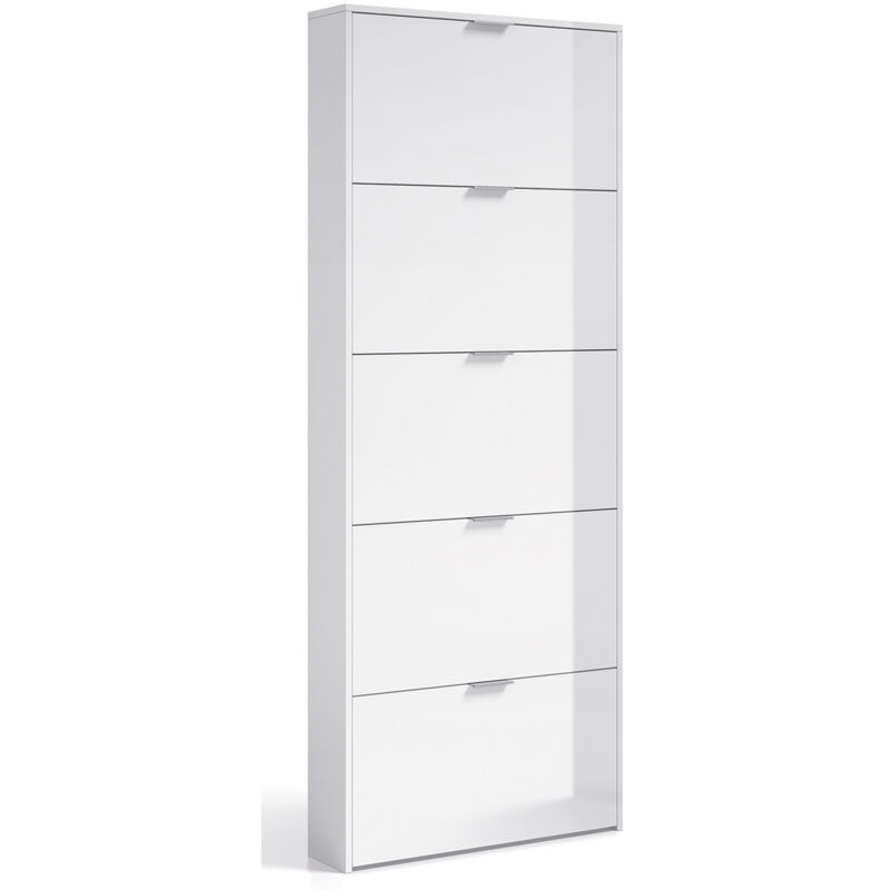 Meuble à chaussures 5 portes battantes blanc brillant - Hauteur 180 x longueur 70 x Profondeur 17 cm