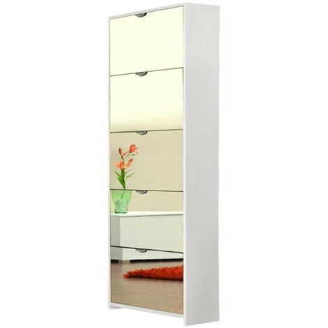 Meuble à chaussures 5 volets miroir structure blanche 58x17xh.177 cm
