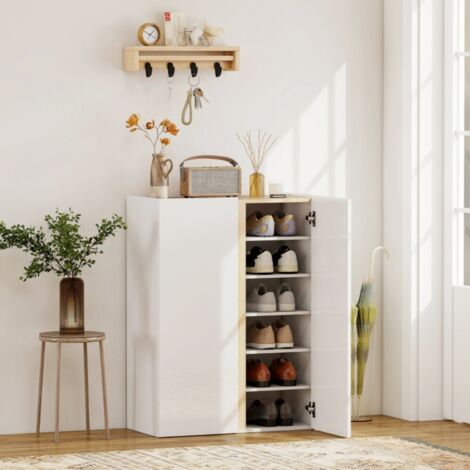Meuble à chaussures 6 niveaux sans poignées fermeture douce capacité 18 paires pour entrée couloir en bois couleur blanc