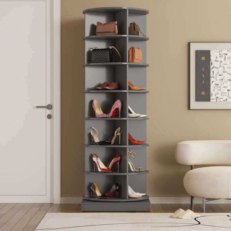 Meuble à chaussures 61x61x165 cm, avec 7 étagères, rotation à 360°, mdf, pour 28 chaussures, convient pour l'entrée et le salon - Gris