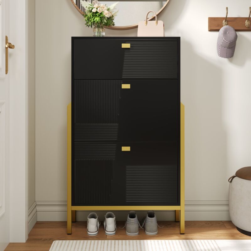 Tanant - Meuble à chaussures 65cm, meuble à chaussures avec tiroirs, étagère à chaussures double avec poignées et pieds dorés - Noir