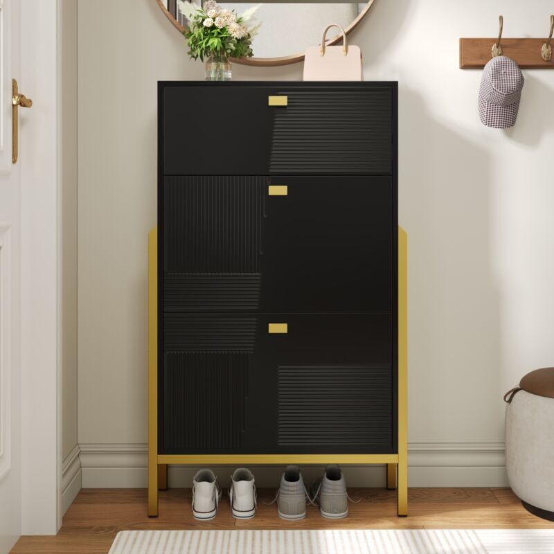 Eifson - Meuble à chaussures 65x120,5x25 cm, avec étagères à chaussures pliantes à 2 niveaux, 1 tiroir, poignées et pieds dorés, convient pour