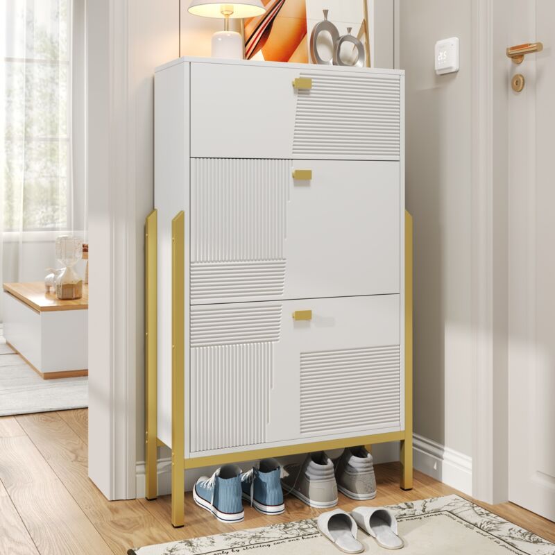 Fortuna Lai - Meuble à chaussures 65x120.5x25cm - avec tiroirs, étagère à chaussures double avec poignées et pieds dorés - Blanc