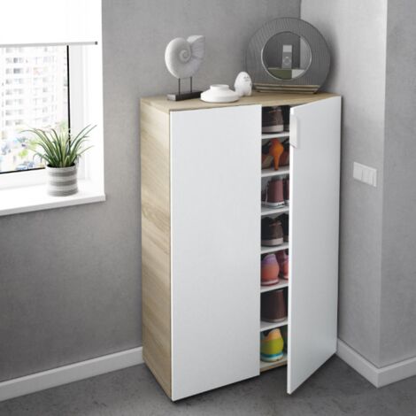 Meuble à chaussures 72x36x103 cm blanc mat et chêne canadien – 2 portes avec poignées en aluminium – Capacité 28 paires – Étagères réglables