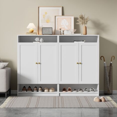 Meuble à chaussures 73 x 34 x 109 cm, rangement compartimenté avec étagères réglables, poignées dorées, Meuble de Rangement à Chaussures 2 portes, pour Meuble d'entrée – Blanc