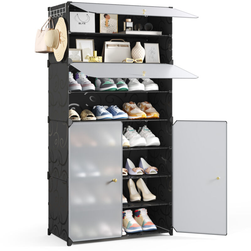 Meuble à Chaussures 8 Niveaux pour 24 Paires de Chaussures, Étagère à Chaussures en polypropylène (PP) avec Portes et Rangement Amovible pour