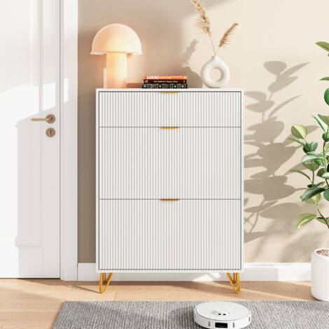 Meuble à chaussures  80 cm,étagère de rangement, poignées et pieds métal,avec 3 portes en bois,Capacité 17paires,Pour robot aspirateur,Blanc