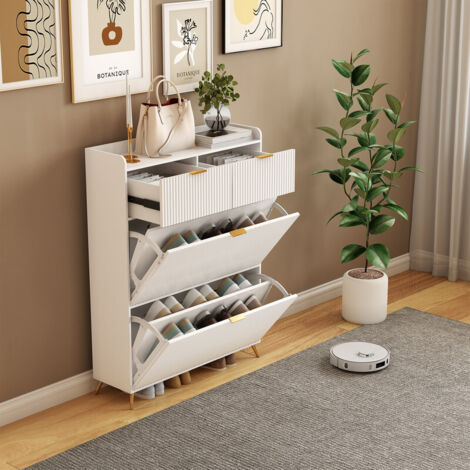 Meuble à chaussures, 80 x 23 x 110 cm, meuble de rangement, 2 tiroirs + 2 portes à abattant, étagères réglables, design peu encombrant, meuble d'entrée, matériau PB, blanc