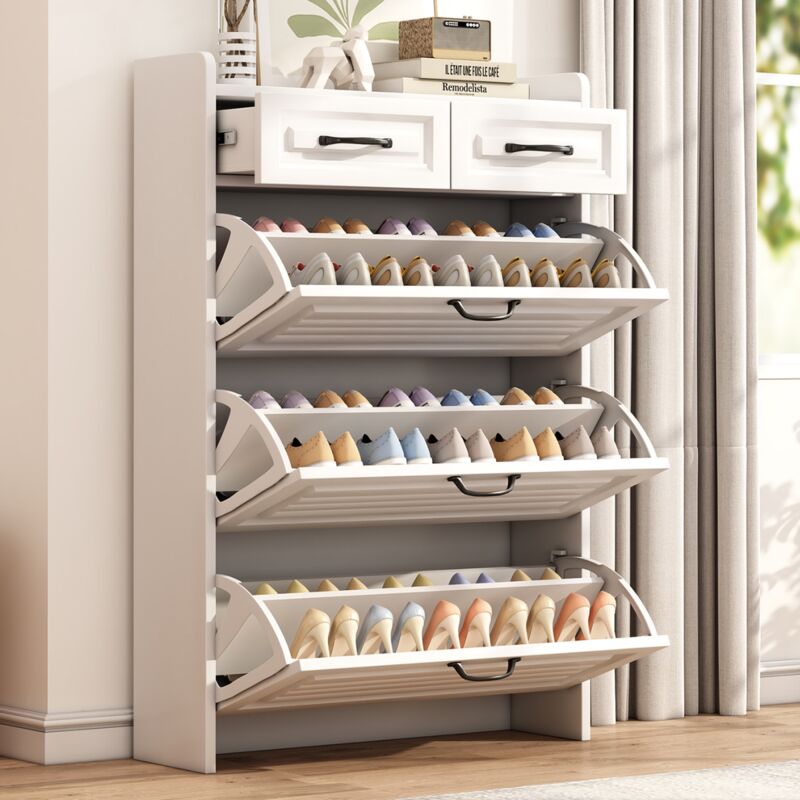 Eifson - Meuble à chaussures 80x23,5x120 cm, avec 3 portes pliantes, 2 tiroirs, poignées en métal noir, dispositif anti-basculement. Convient aux