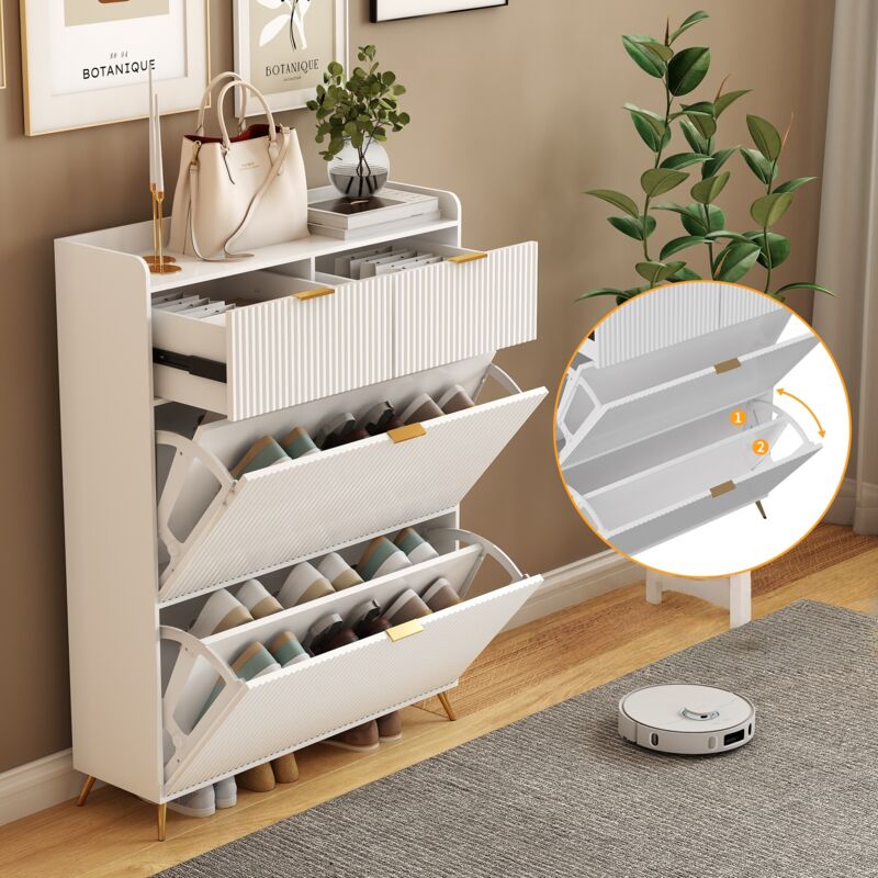 Meuble à Chaussures 80x24x110 cm, avec 2 Tiroirs et 2 Portes, Design Scandinave, Poignées et Pieds Dorés, Armoire à Chaussures à Rayures Verticales