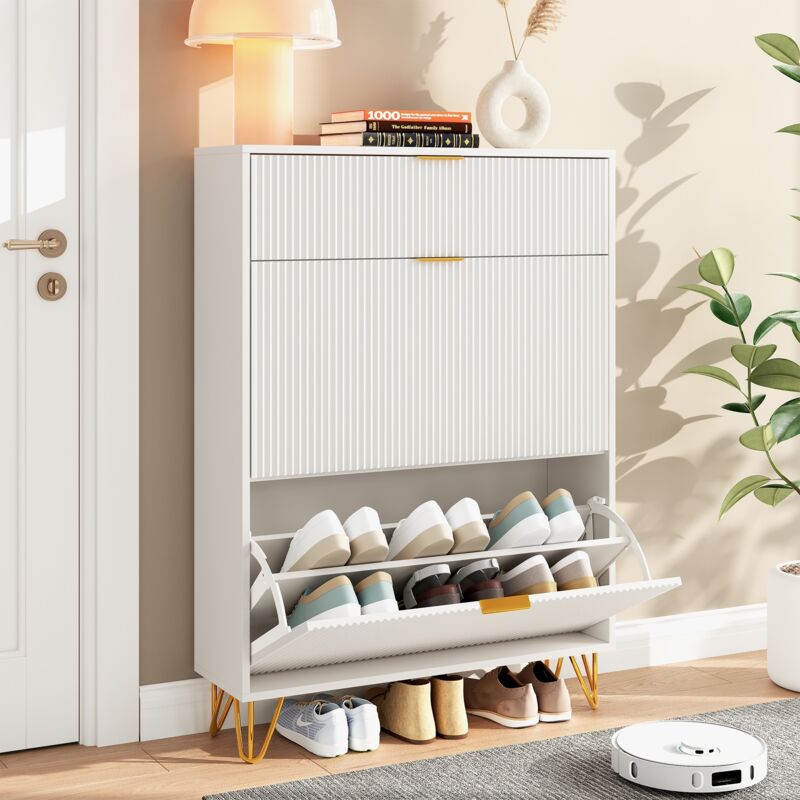 Dans Les Nuages – Meuble à chaussures 80x24x118,5 cm – Portes pliantes en forme de vague – Rangement élégant avec poignées et pieds dorés – Pour
