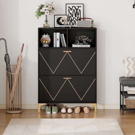 Meuble à chaussures 80x35x117cm - avec 2 portes rabattables, 4 compartiments, 2 étagères semi-ouvertes - MDF et métal - Noir