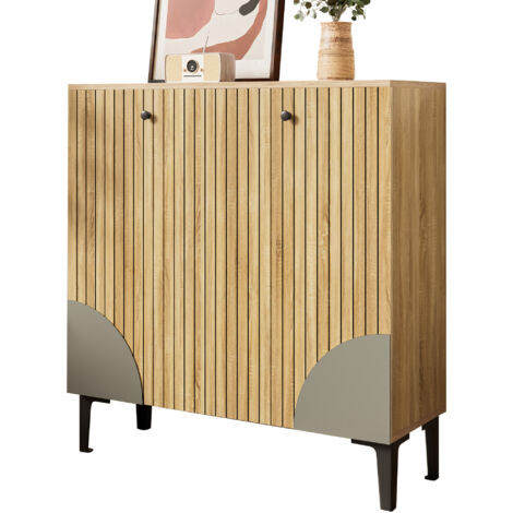 Meuble à chaussures 90x32x94 cm aspect bois 3 portes structure noire design vertical entrée moderne rangement