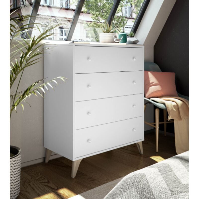 Commode 95 cm blanc mat avec quatre tiroirs - Pineto