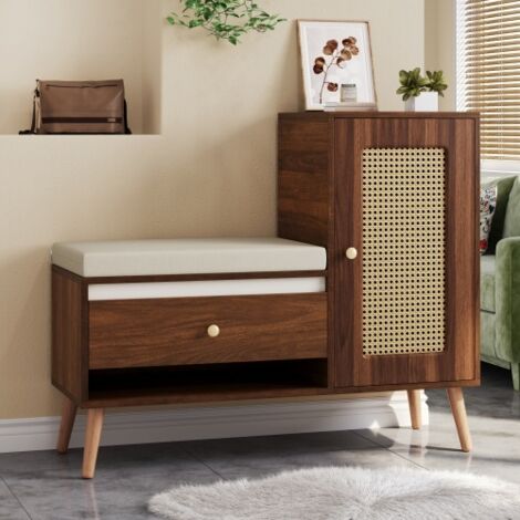 Meuble à chaussures, 95,5x35x80,5 cm, couleur bois de noyer, avec étagère à chaussures, coussin, tiroirs, étagères ouvertes et une porte d'armoire