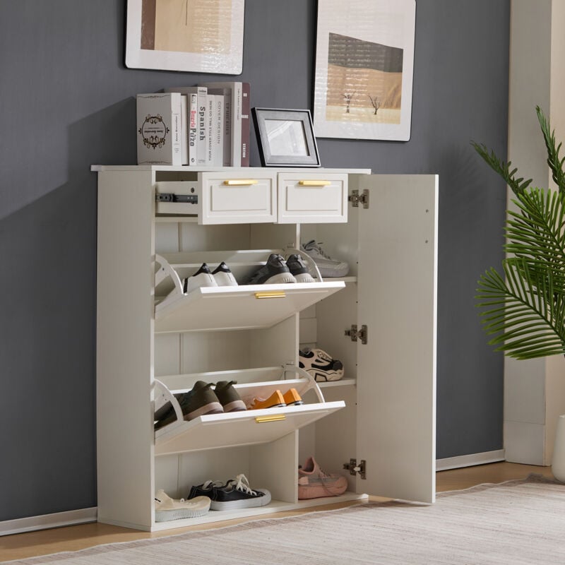Hauss Spole - Meuble à chaussures 95x24x107cm, avec 2 tiroirs + 1 porte, étagères réglables, poignées dorées, abattant, blanc
