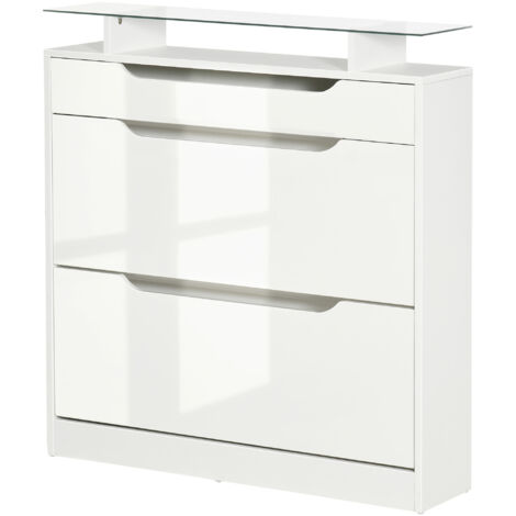 Meuble à chaussures à 2 portes, étagère étroite pour 16 paires de chaussures avec tiroir, étagère ouverte et plateau en verre, idéal pour une entrée ou un couloir, 89 x 23 x 96 cm, blanc