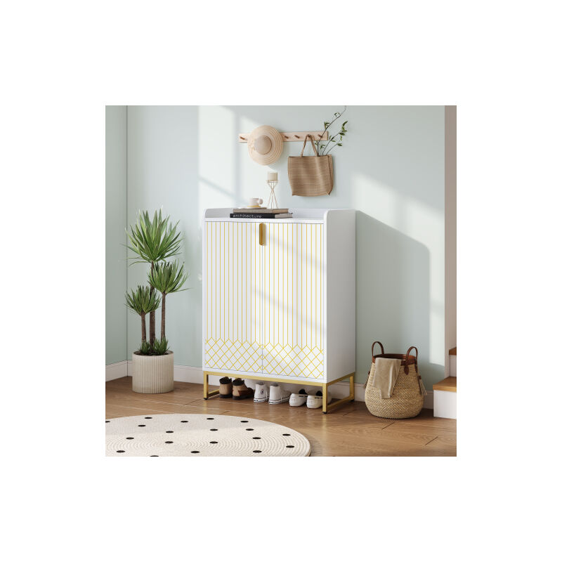 Wishdor - Meuble à chaussures avec 2 portes dorées, pieds en métal doré, 4 niveaux de rangement, 75x37x105CM, mdf, blanc