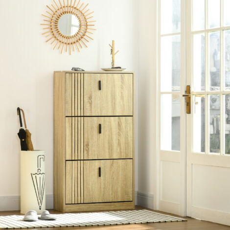 Meuble à chaussures à 3 abattants 18 paires grande capacité pour entrée couloir salon 63 x 24 x 117 cm chêne